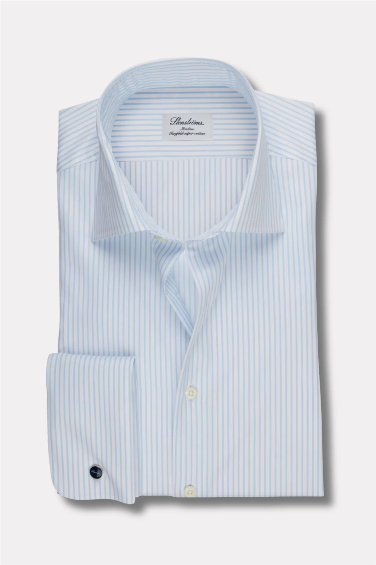 Slimline Pinstriped Twill Shirt French Cuffs Light Blue