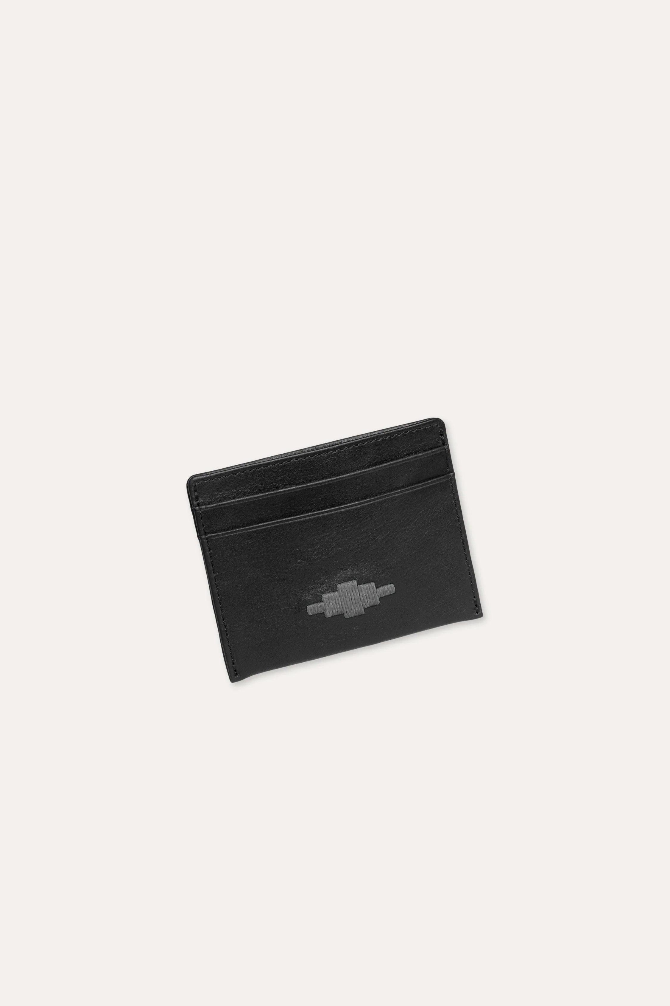 Rombo Card Slip Black Leather With Grey Stitching