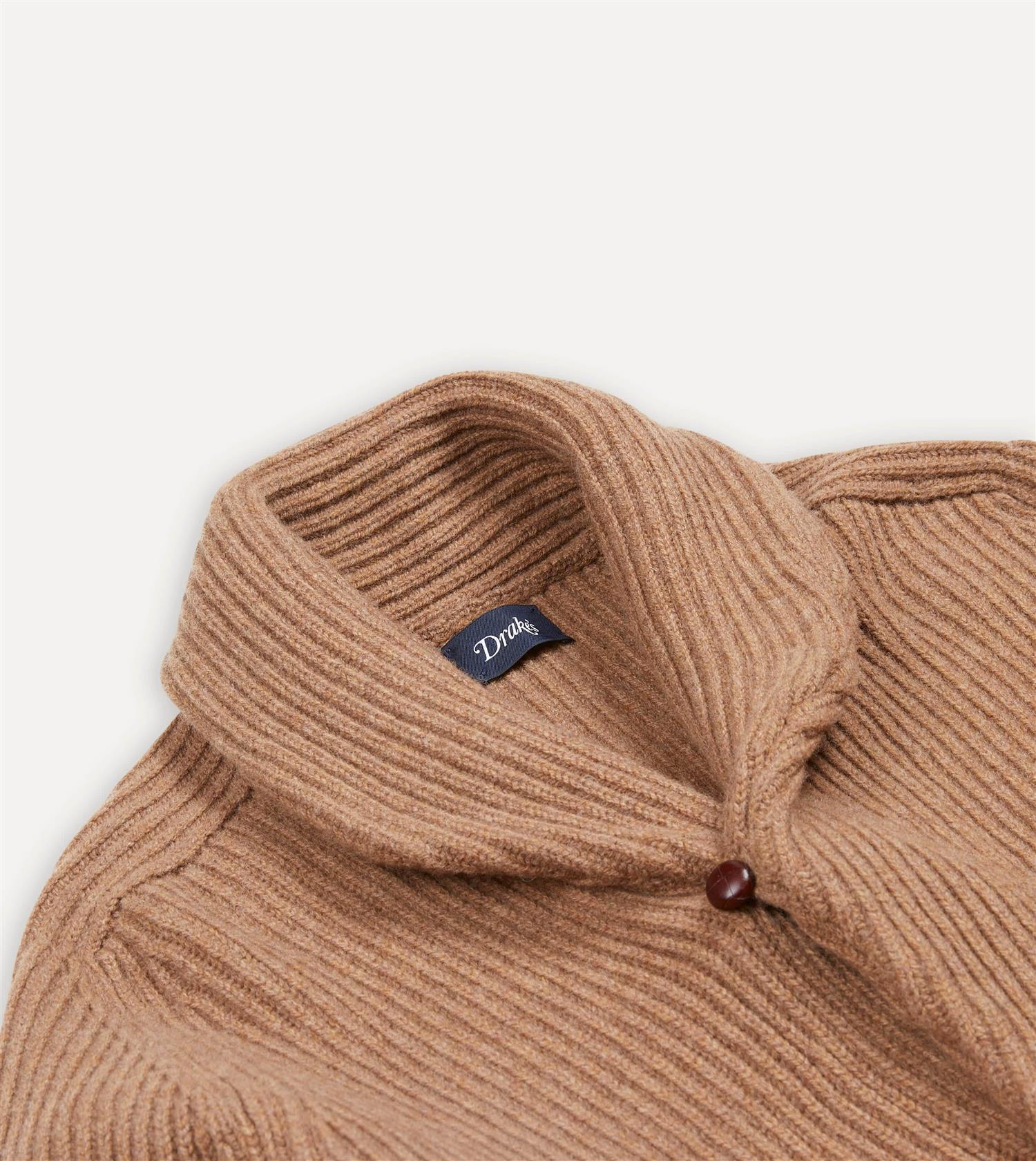 Lambswool Shawl Collar Rib Cardigan Camel - Image 3