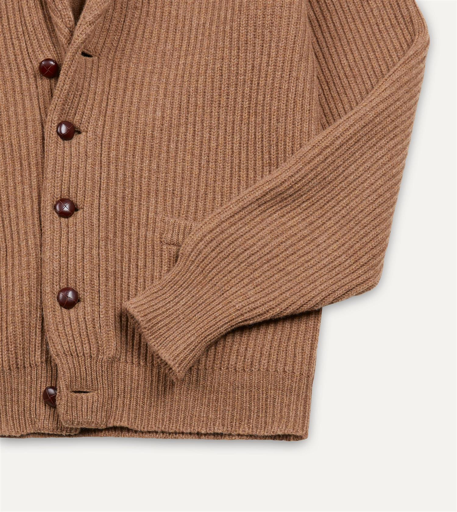 Lambswool Shawl Collar Rib Cardigan Camel - Image 4