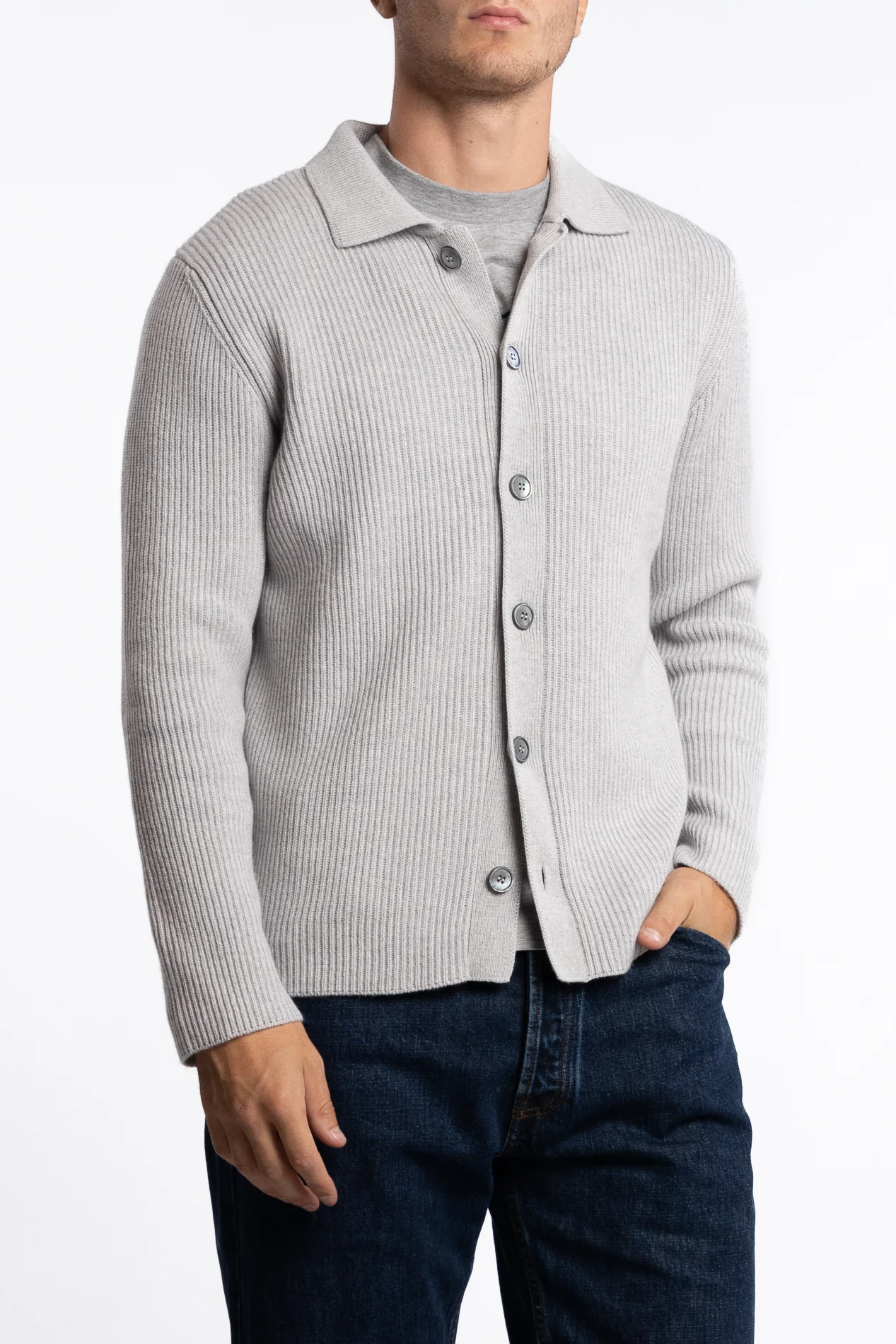 Cashmere Ribbed Knit Shirt Grey