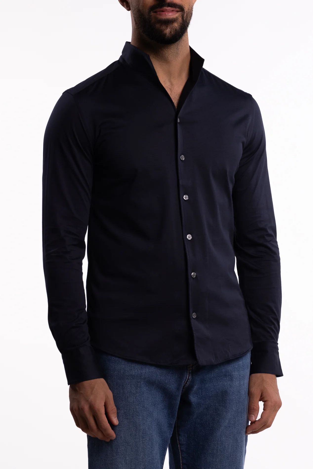 No Collar Cotton Shirt Navy - Image 2