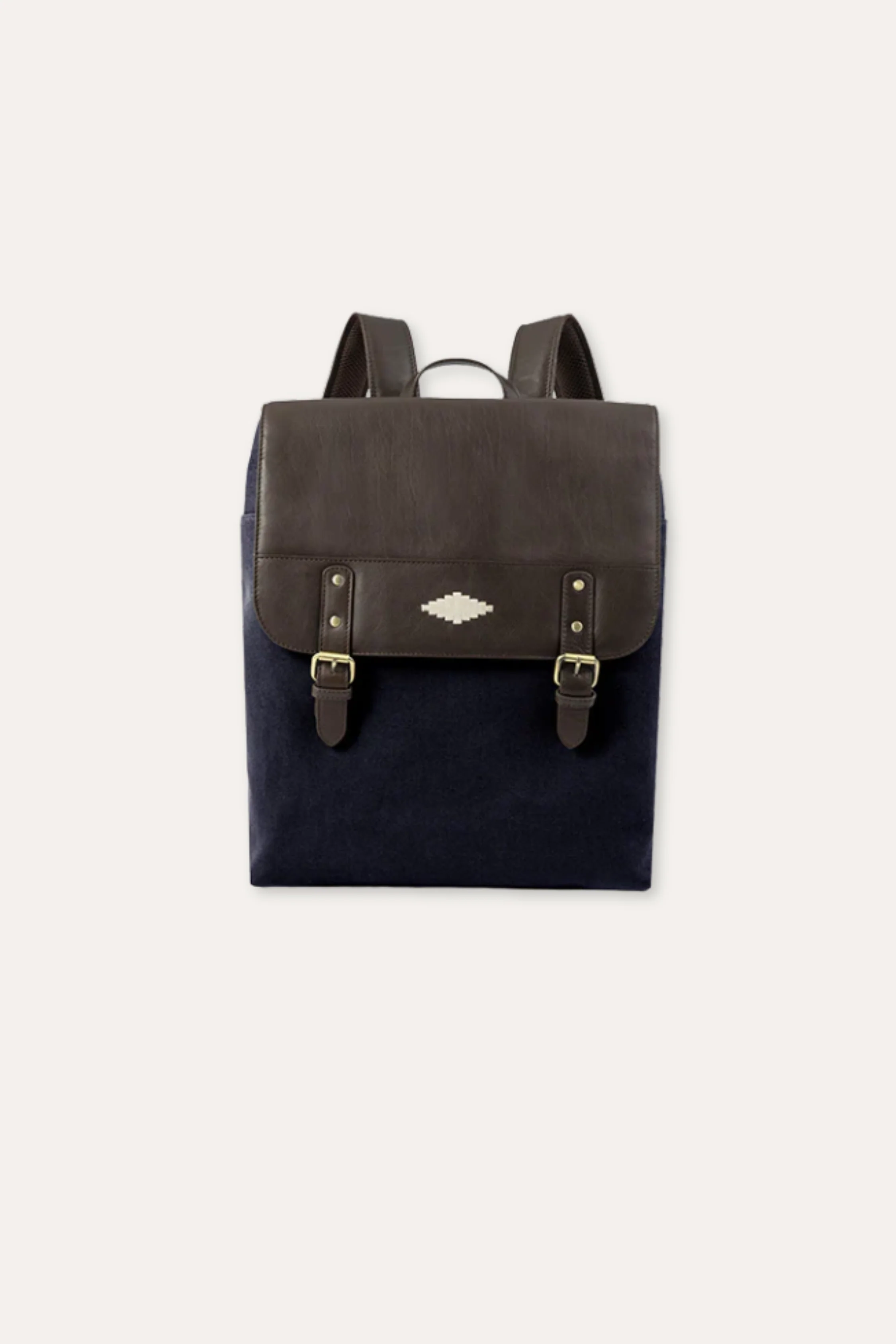 Backpack Brown Leather With Navy Canvas Mochilla