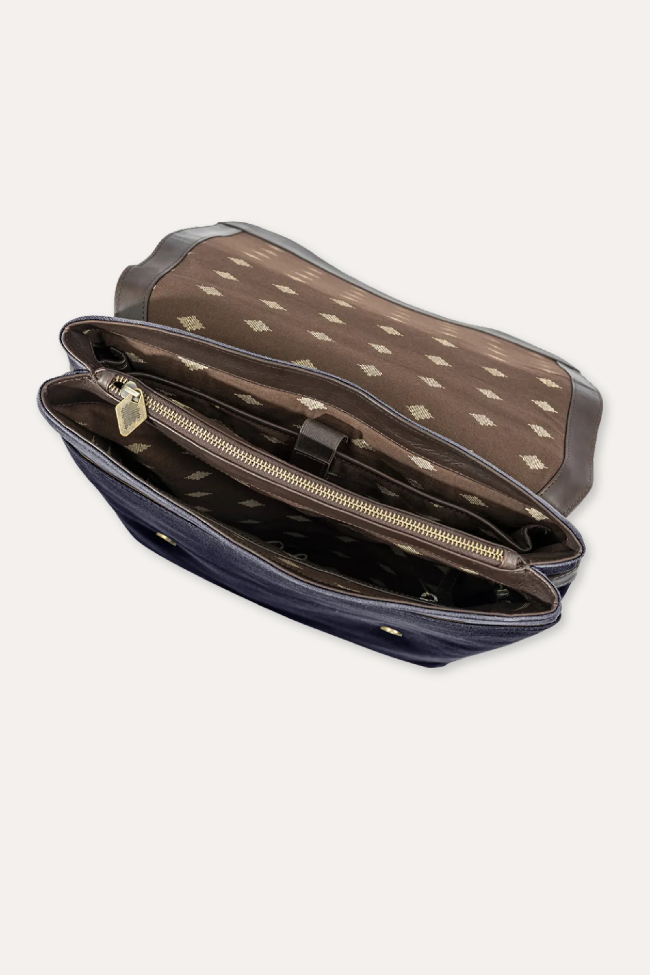 Backpack Brown Leather With Navy Canvas Mochilla - Image 4