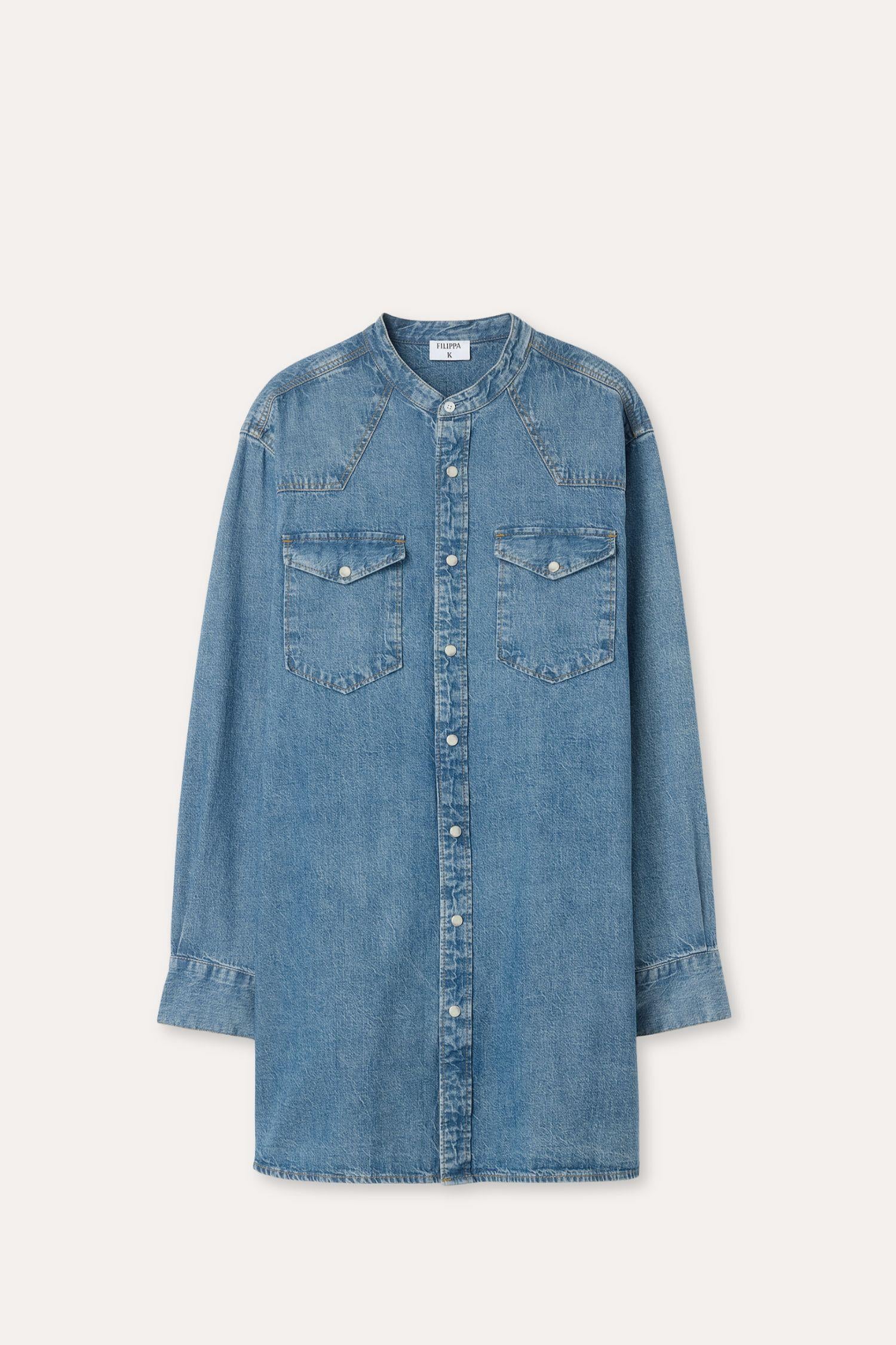 Western Denim Shirt Dress Washed Mid Blue