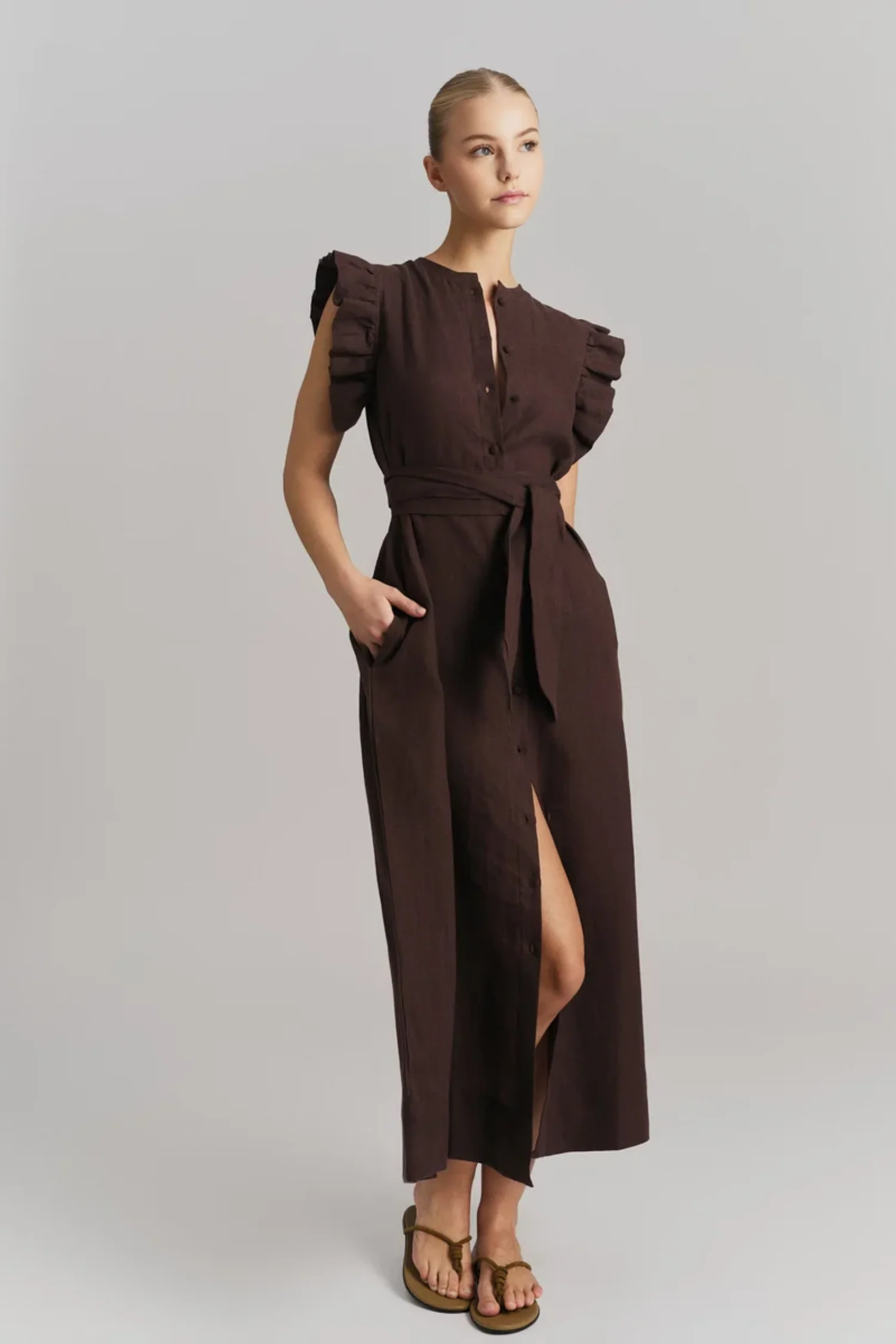 Pam Linen Dress- Dark Brown - Image 3